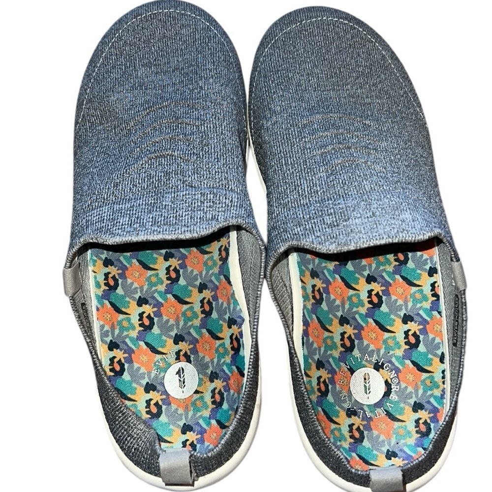 REVITALIGN Women's Slip-On Mules in Heathered Blue with Floral Insole